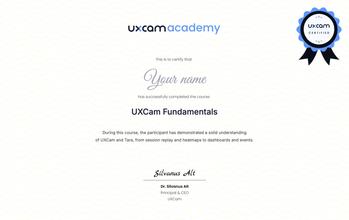 UXCam 2.0 Fundamentals certificate