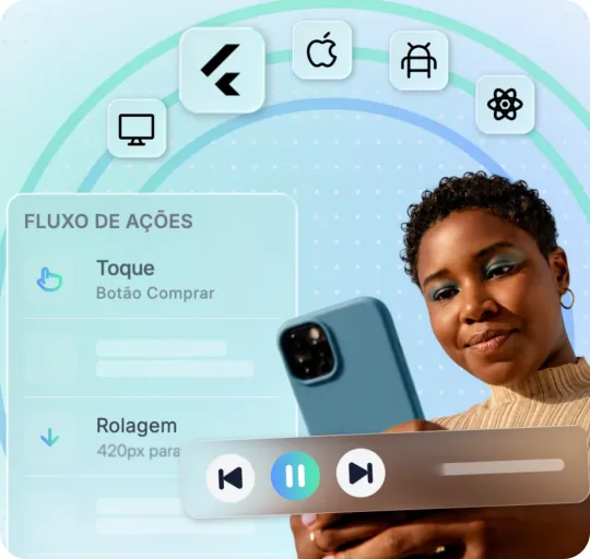 Um fluxo de comportamento e um player de gravação de sessão, com o ícone do Flutter em destaque entre os ícones de iOS, Android, web e React Native