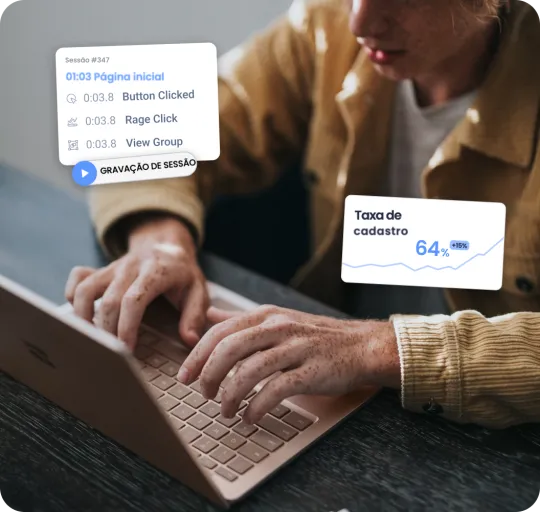 Pessoa trabalhando em um laptop com uma gravação de sessão da UXCam e um card de taxa de cadastro