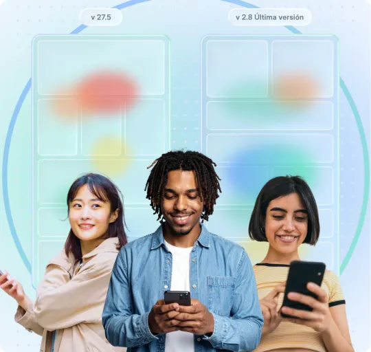 Dos versiones de una app comparadas lado a lado como mapas de calor, con tres personas usando el móvil delante