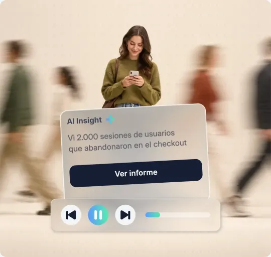 Tarjeta de insight de IA de UXCam sobre una grabación de sesión: “Vi 2.000 sesiones de usuarios que abandonaron en el checkout”