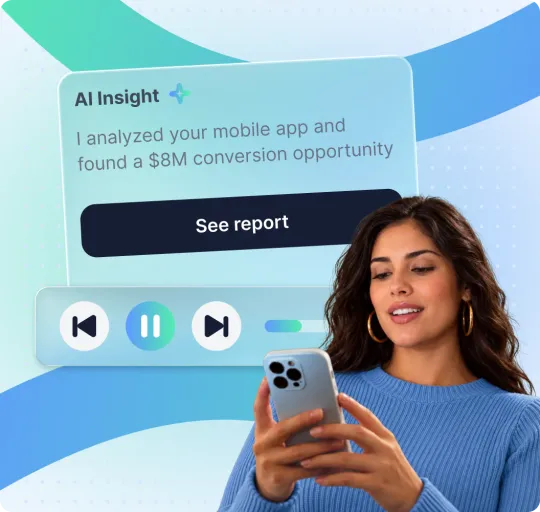 UXCam AI Insight card over a mobile app session replay: “I analyzed your mobile app and found a $8M conversion opportunity”