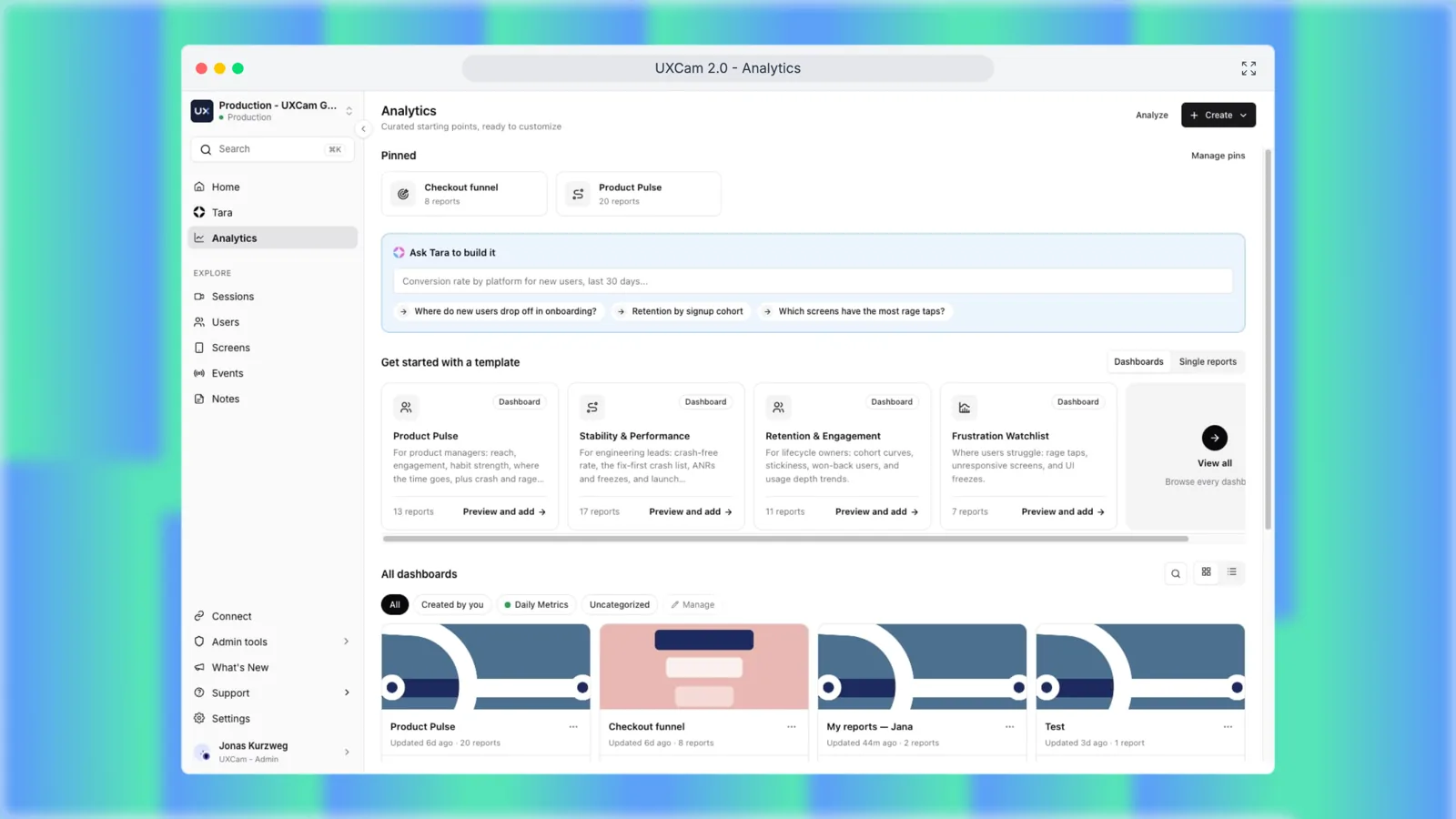 First step of the tour: the UXCam analytics home with pinned dashboards, templates and every dashboard