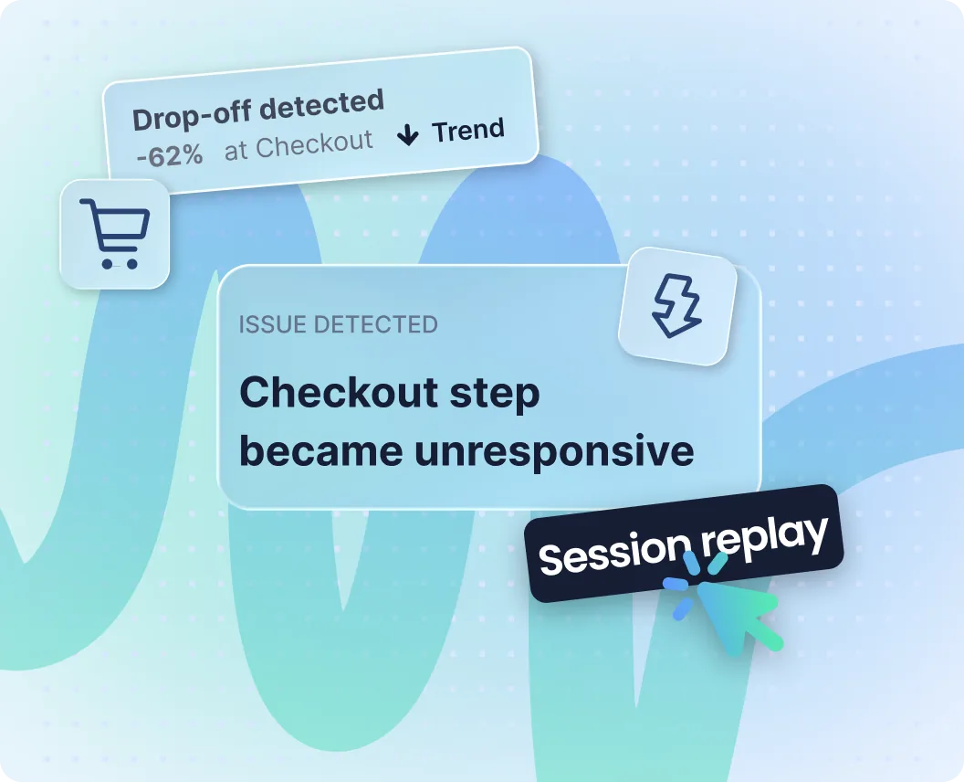 Abandono detectado no checkout, -62%, com o problema "Etapa de checkout parou de responder" e um link para a gravação da sessão