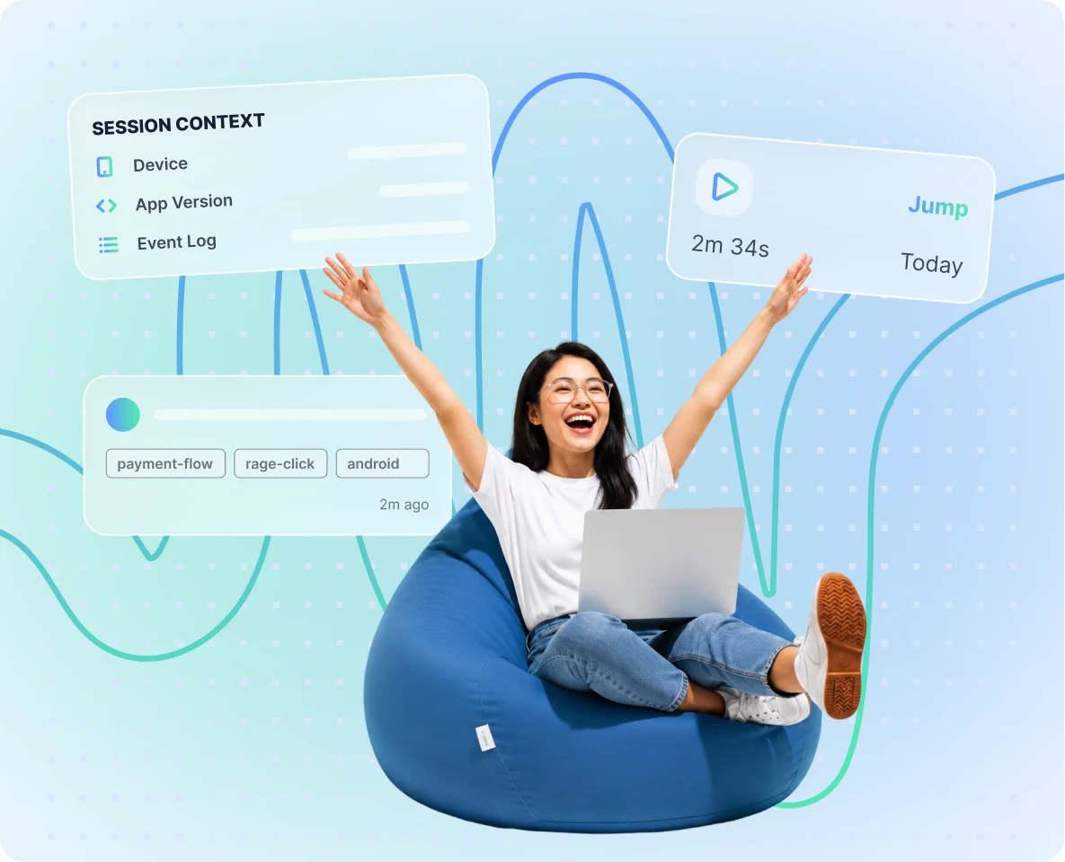 Woman with a laptop on a beanbag surrounded by a session context card, filter tags and a jump into a 2m 34s session