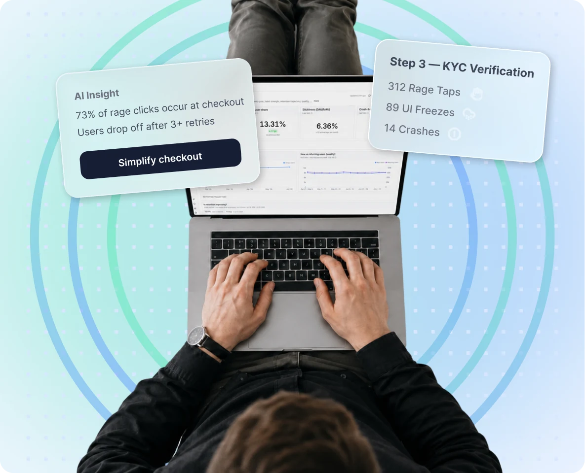Overhead view of hands on a laptop with the AI Insight "73% of rage clicks occur at checkout" and Step 3 KYC Verification stats: 312 rage taps, 89 UI freezes, 14 crashes