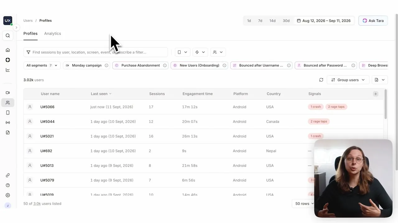 Opening frame of the video tour: the UXCam users page with segments and filters